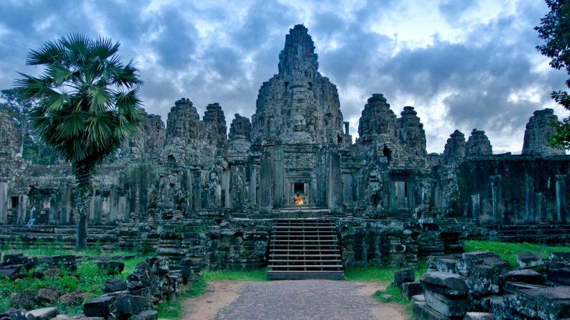 The vast towers of the Bayon temple as seen from its north entrance